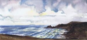 The Warren above Hartland Quay looking towards Lundy across Blackpool Mill ; available to buy; see Paintings for sale at the top of the menu on the right